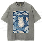 Unisex Japanese Style Koi Fish Cat Printed Washed Tee