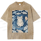 Unisex Japanese Style Koi Fish Cat Printed Washed Tee