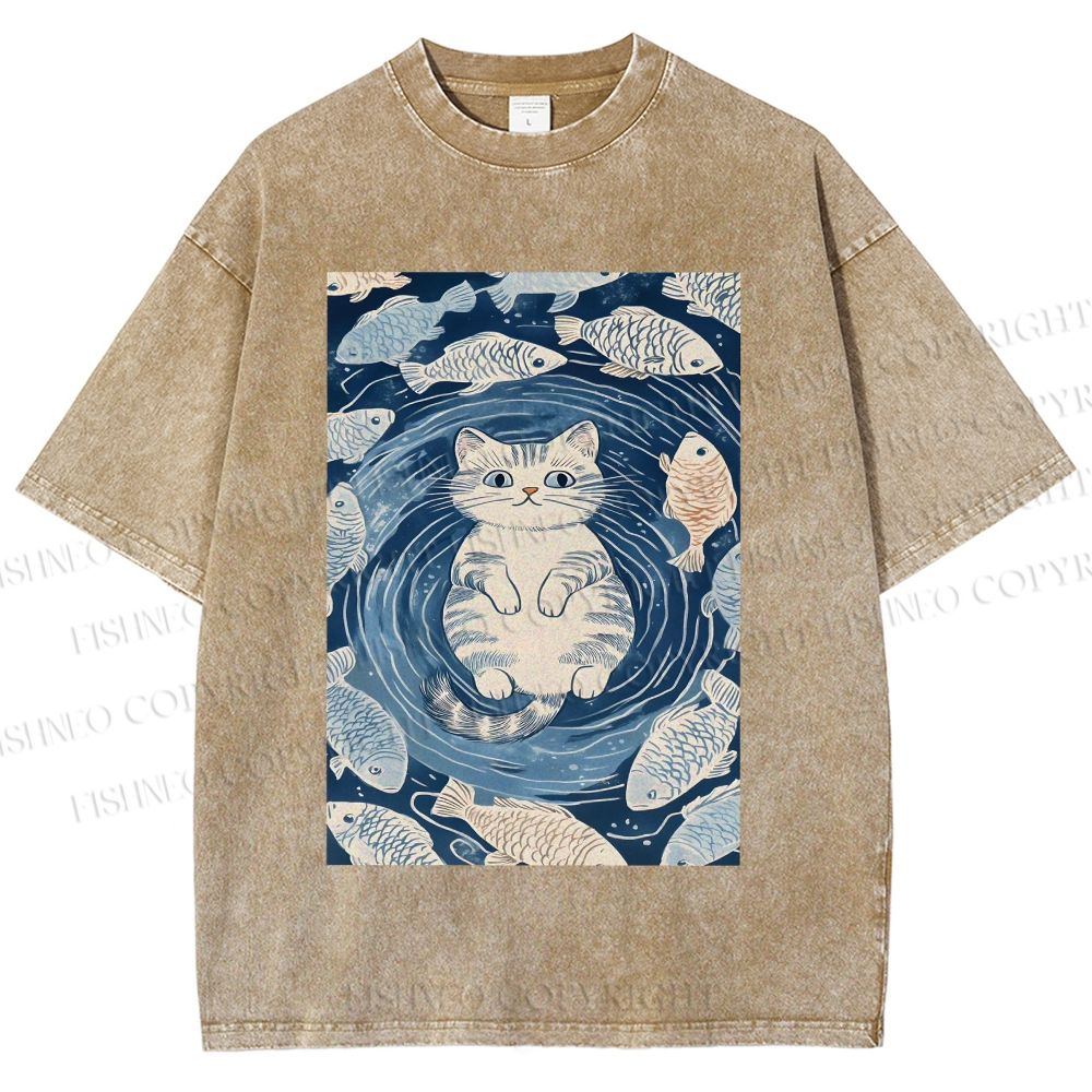 Unisex Japanese Style Koi Fish Cat Printed Washed Tee