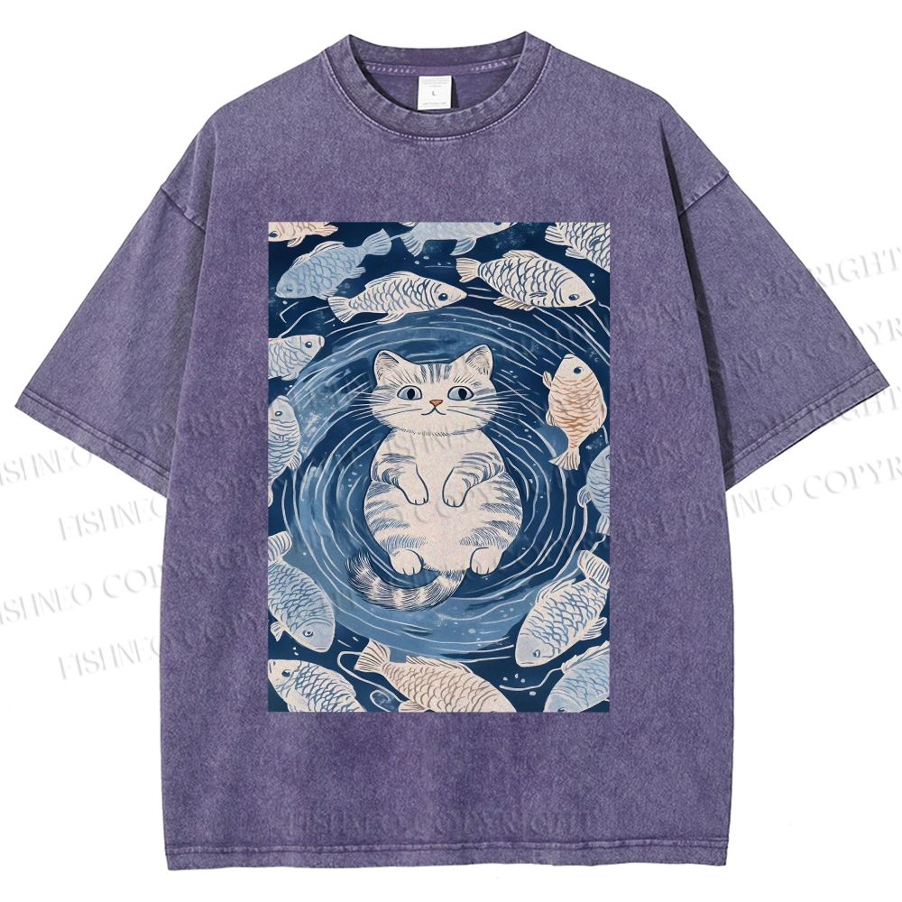Unisex Japanese Style Koi Fish Cat Printed Washed Tee
