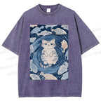 Unisex Japanese Style Koi Fish Cat Printed Washed Tee