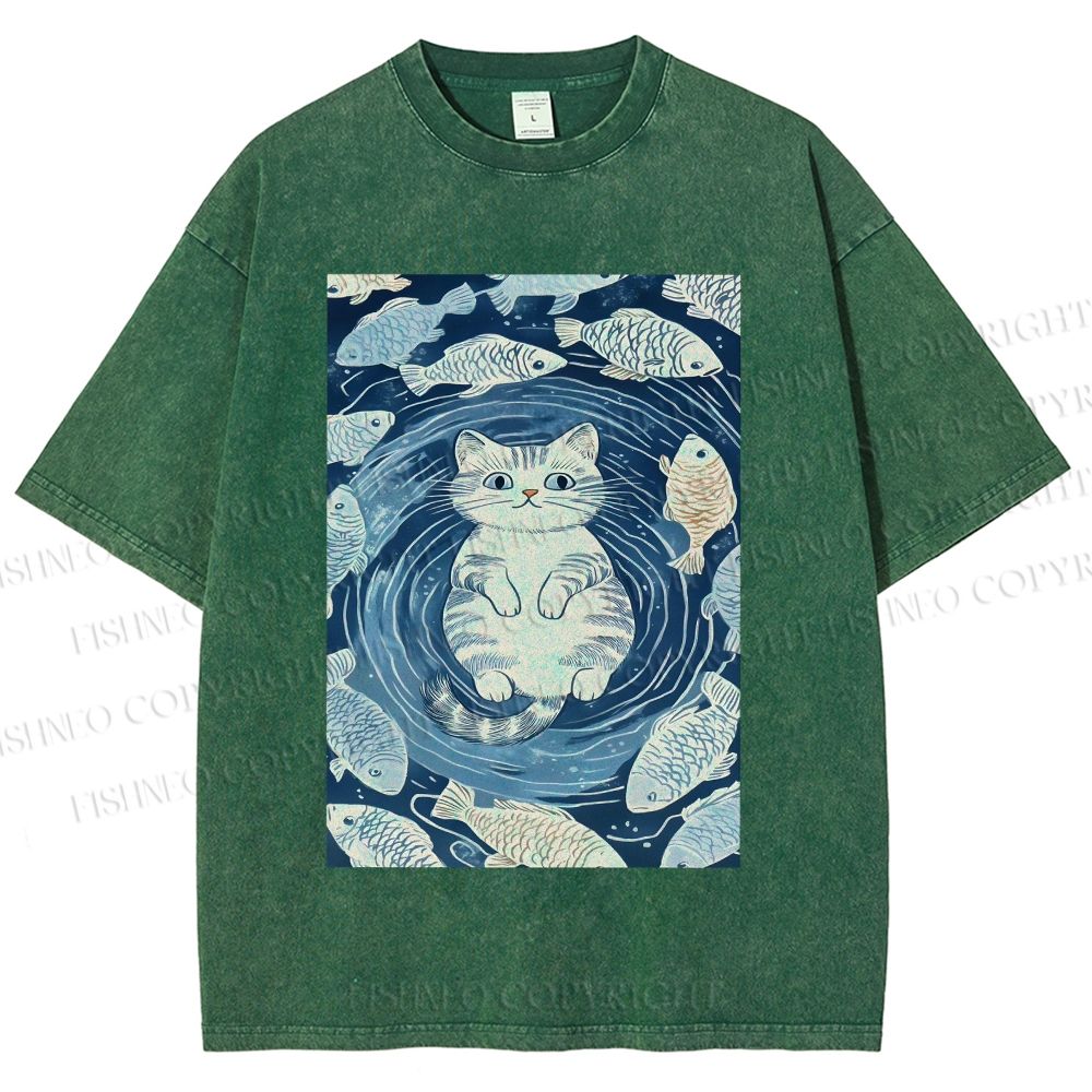 Unisex Japanese Style Koi Fish Cat Printed Washed Tee