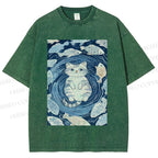 Unisex Japanese Style Koi Fish Cat Printed Washed Tee