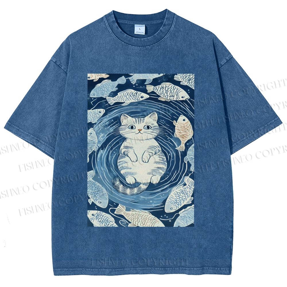 Unisex Japanese Style Koi Fish Cat Printed Washed Tee
