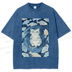 Unisex Japanese Style Koi Fish Cat Printed Washed Tee