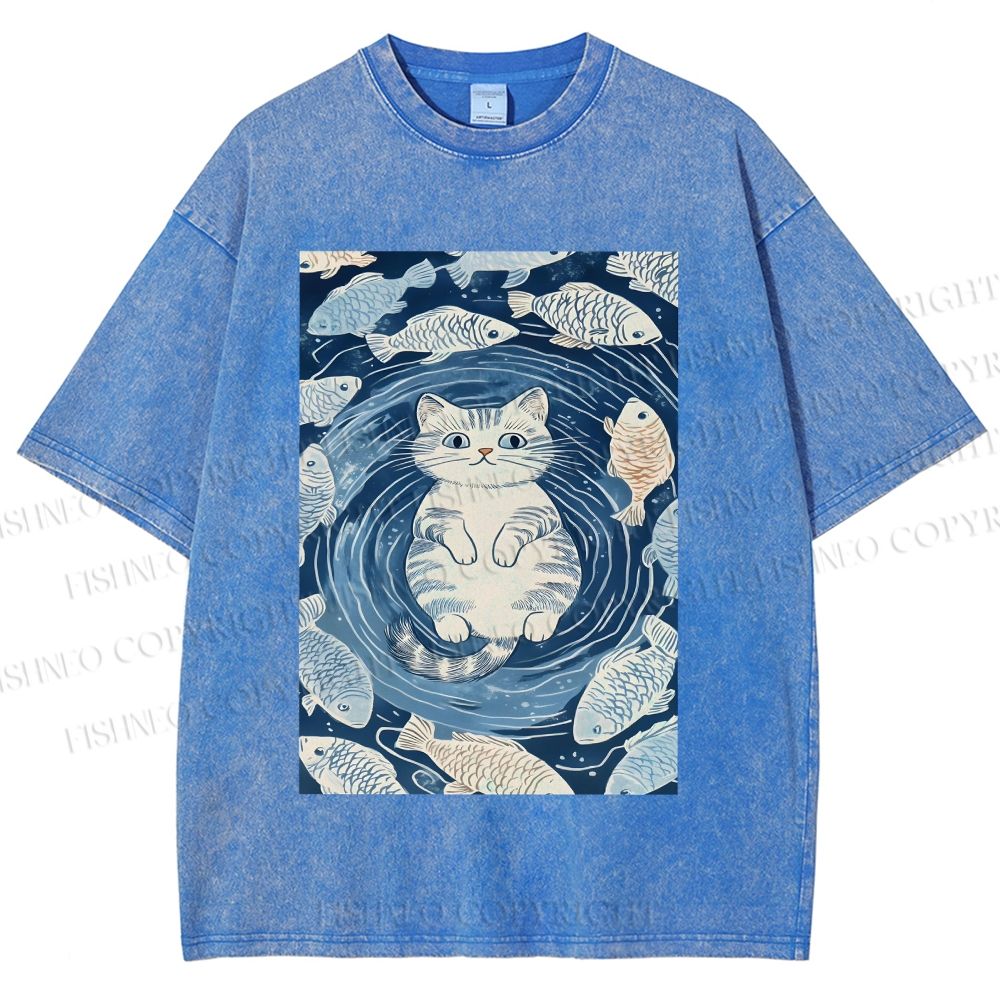 Unisex Japanese Style Koi Fish Cat Printed Washed Tee