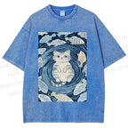 Unisex Japanese Style Koi Fish Cat Printed Washed Tee
