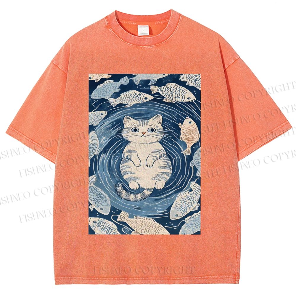 Unisex Japanese Style Koi Fish Cat Printed Washed Tee