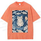 Unisex Japanese Style Koi Fish Cat Printed Washed Tee