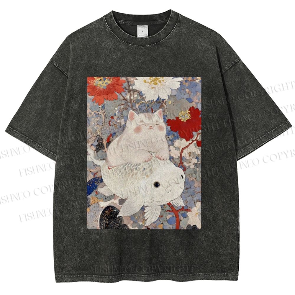 Unisex Japanese Style Cat Ride On Koi Fish Printed Washed Tee
