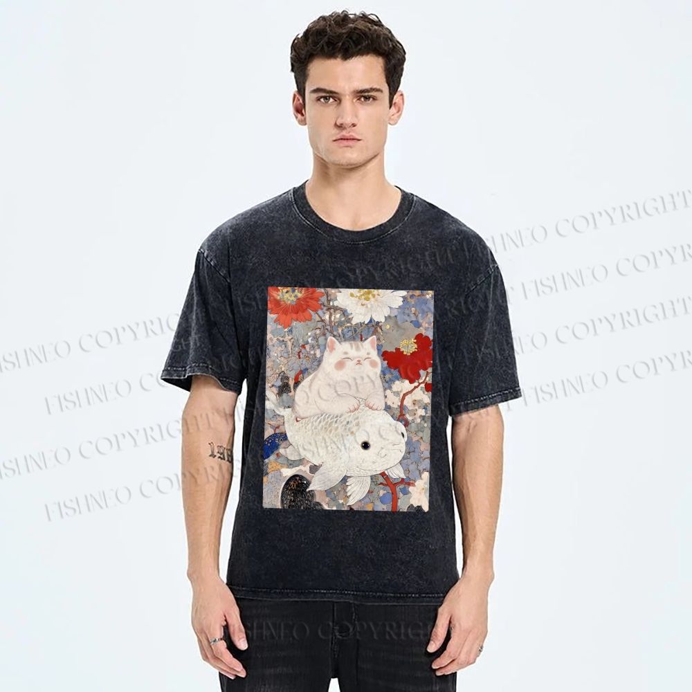 Unisex Japanese Style Cat Ride On Koi Fish Printed Washed Tee