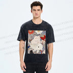 Unisex Japanese Style Cat Ride On Koi Fish Printed Washed Tee