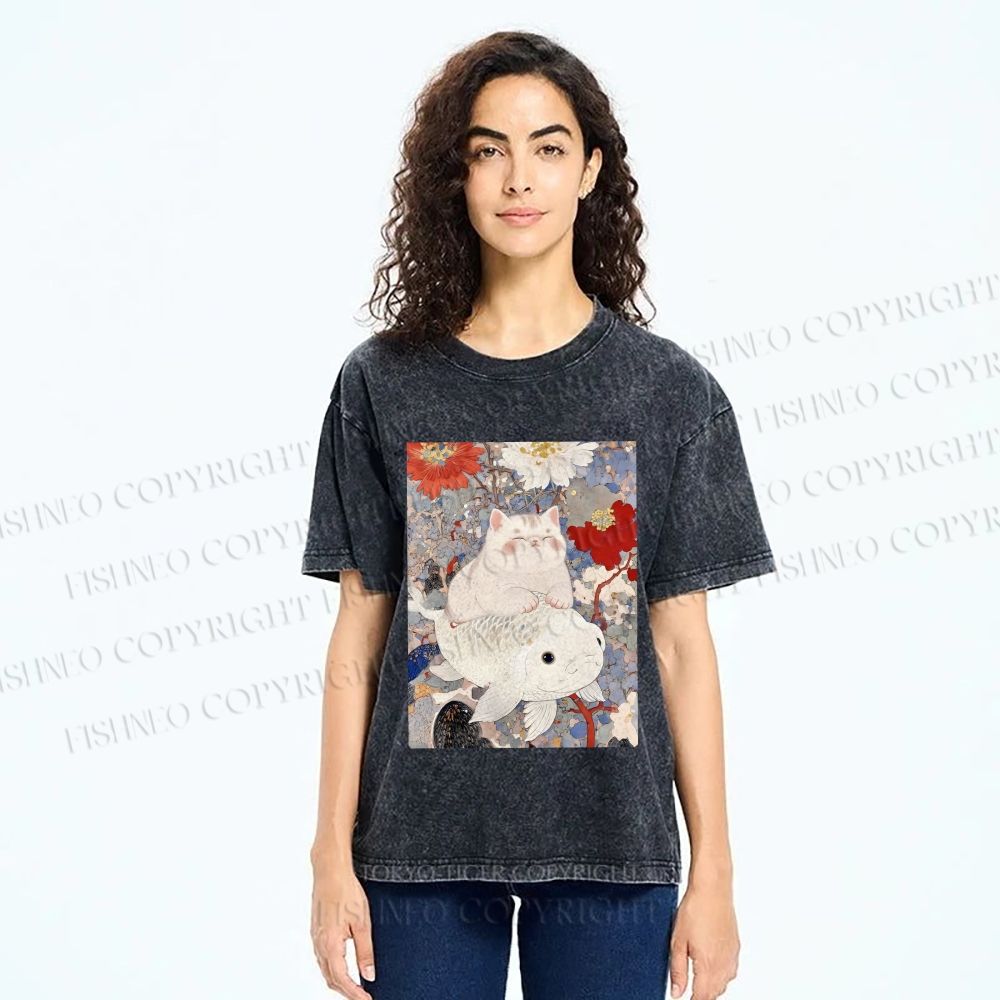 Unisex Japanese Style Cat Ride On Koi Fish Printed Washed Tee