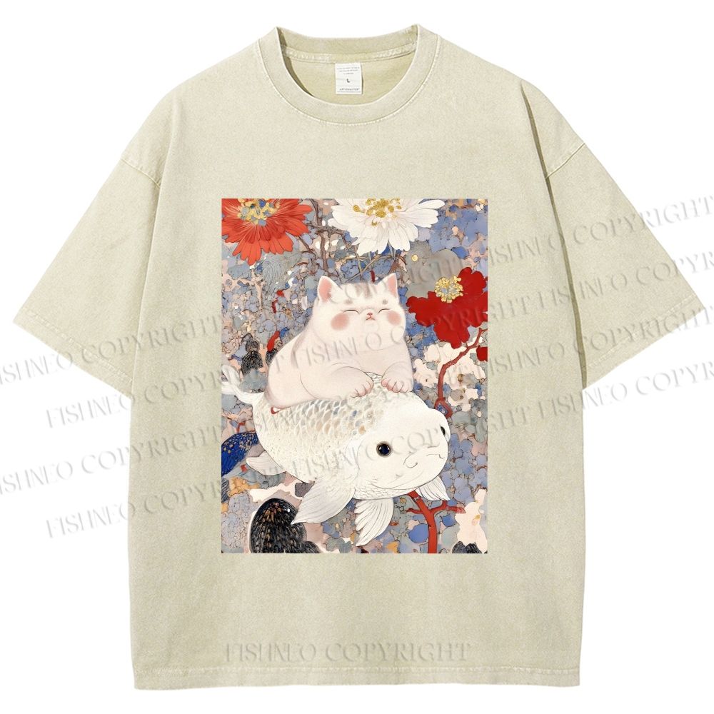 Unisex Japanese Style Cat Ride On Koi Fish Printed Washed Tee