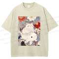 Unisex Japanese Style Cat Ride On Koi Fish Printed Washed Tee