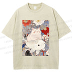 Unisex Japanese Style Cat Ride On Koi Fish Printed Washed Tee