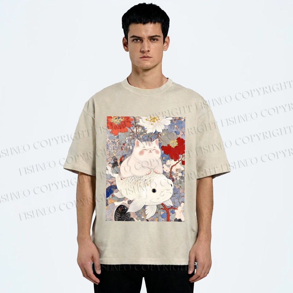 Unisex Japanese Style Cat Ride On Koi Fish Printed Washed Tee
