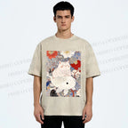 Unisex Japanese Style Cat Ride On Koi Fish Printed Washed Tee