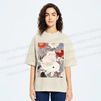 Unisex Japanese Style Cat Ride On Koi Fish Printed Washed Tee