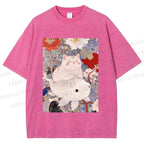 Unisex Japanese Style Cat Ride On Koi Fish Printed Washed Tee