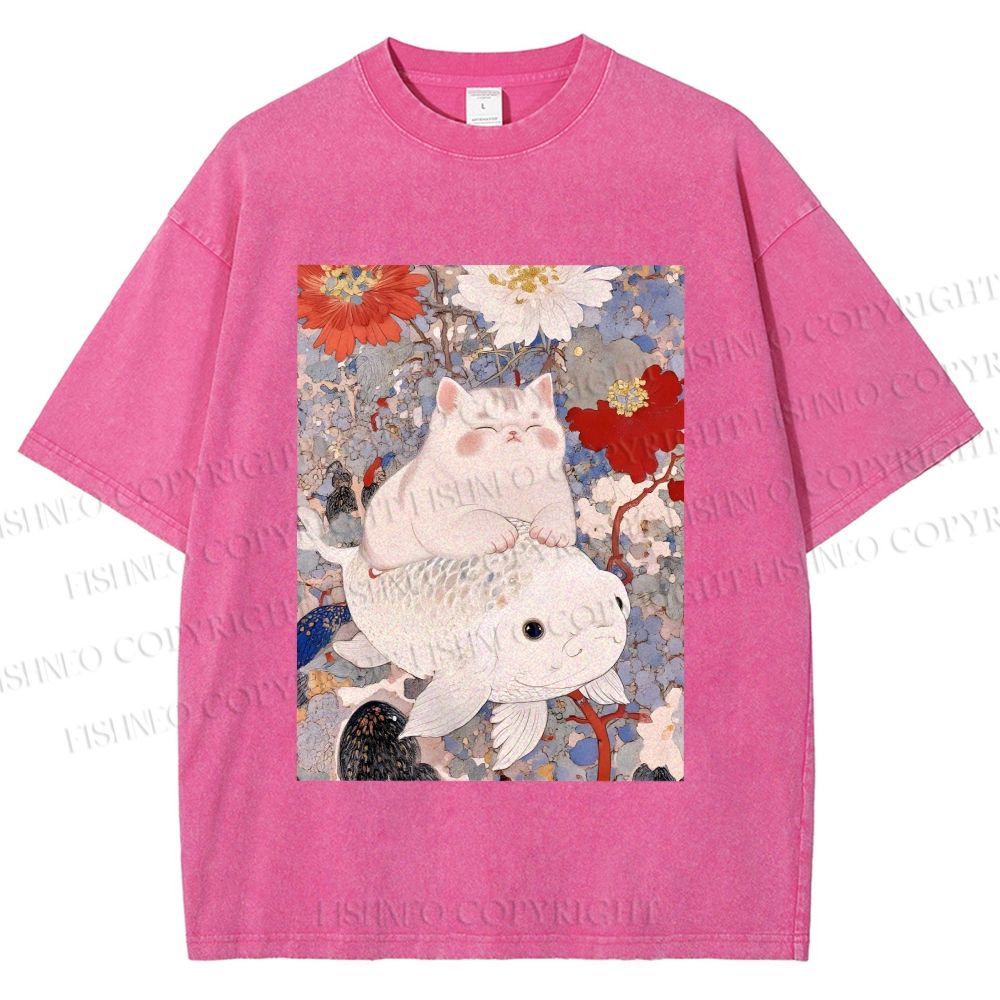 Unisex Japanese Style Cat Ride On Koi Fish Printed Washed Tee