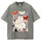 Unisex Japanese Style Cat Ride On Koi Fish Printed Washed Tee