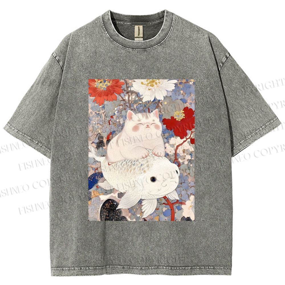 Unisex Japanese Style Cat Ride On Koi Fish Printed Washed Tee
