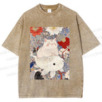 Unisex Japanese Style Cat Ride On Koi Fish Printed Washed Tee