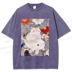 Unisex Japanese Style Cat Ride On Koi Fish Printed Washed Tee