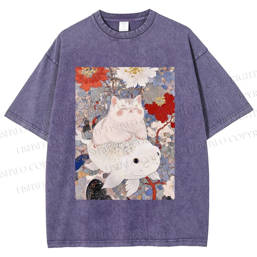 Unisex Japanese Style Cat Ride On Koi Fish Printed Washed Tee