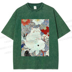 Unisex Japanese Style Cat Ride On Koi Fish Printed Washed Tee