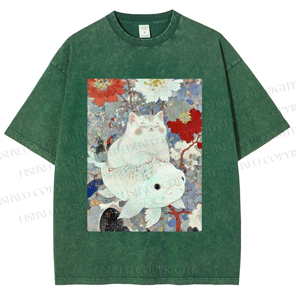 Unisex Japanese Style Cat Ride On Koi Fish Printed Washed Tee