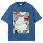 Unisex Japanese Style Cat Ride On Koi Fish Printed Washed Tee