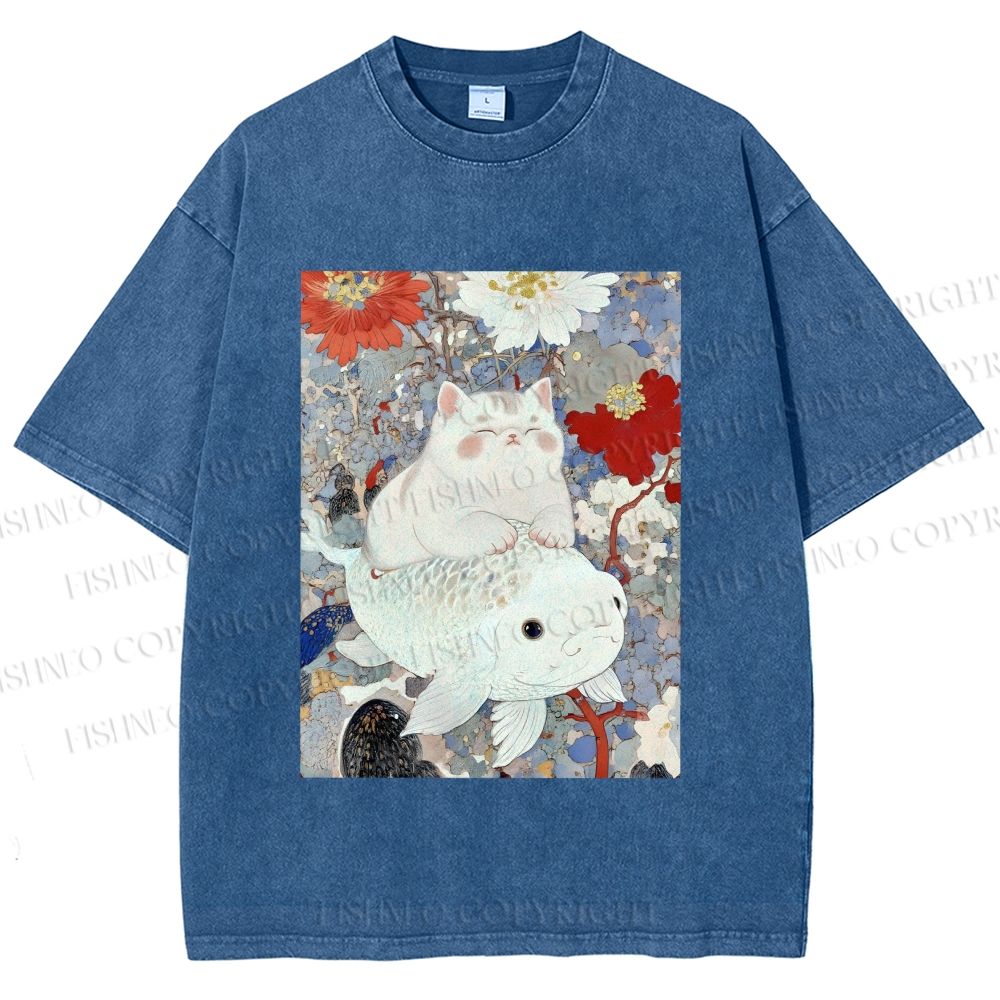 Unisex Japanese Style Cat Ride On Koi Fish Printed Washed Tee