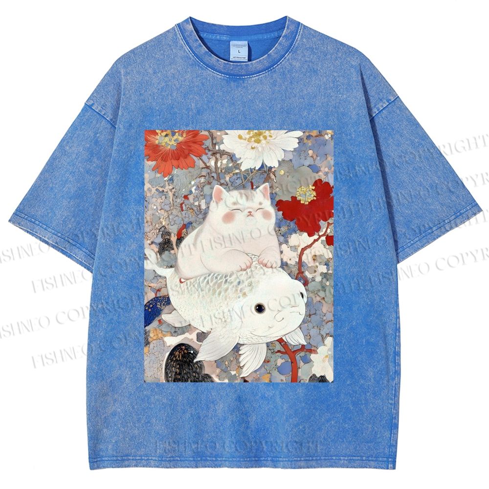 Unisex Japanese Style Cat Ride On Koi Fish Printed Washed Tee