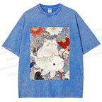 Unisex Japanese Style Cat Ride On Koi Fish Printed Washed Tee