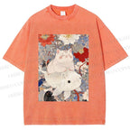 Unisex Japanese Style Cat Ride On Koi Fish Printed Washed Tee