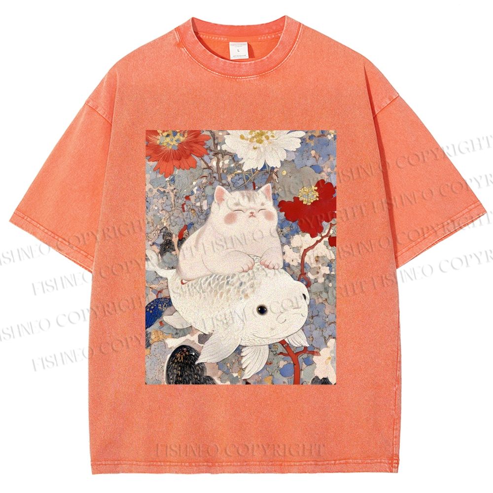 Unisex Japanese Style Cat Ride On Koi Fish Printed Washed Tee