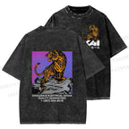 Unisex Japanese Tiger Printed Washed Tee