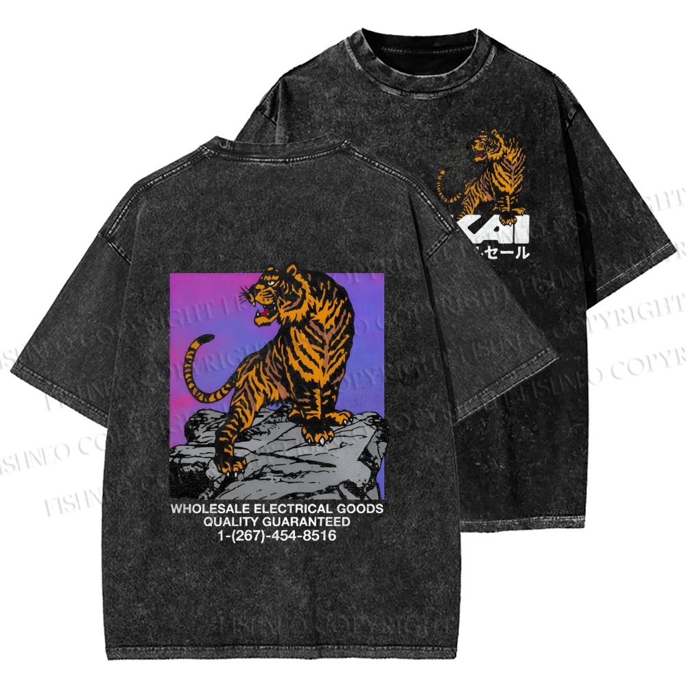 Unisex Japanese Tiger Printed Washed Tee