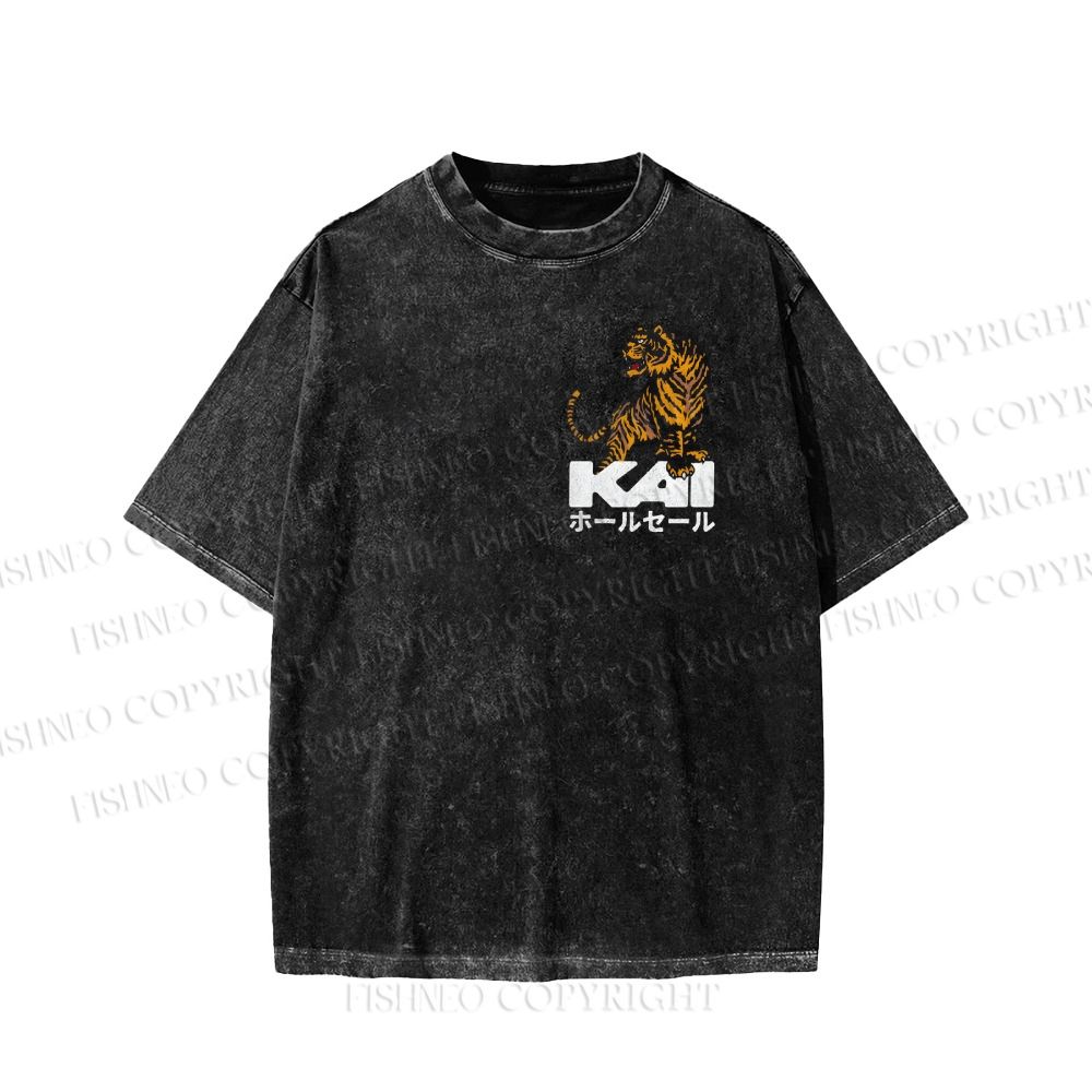 Unisex Japanese Tiger Printed Washed Tee