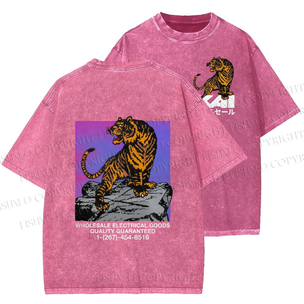 Unisex Japanese Tiger Printed Washed Tee