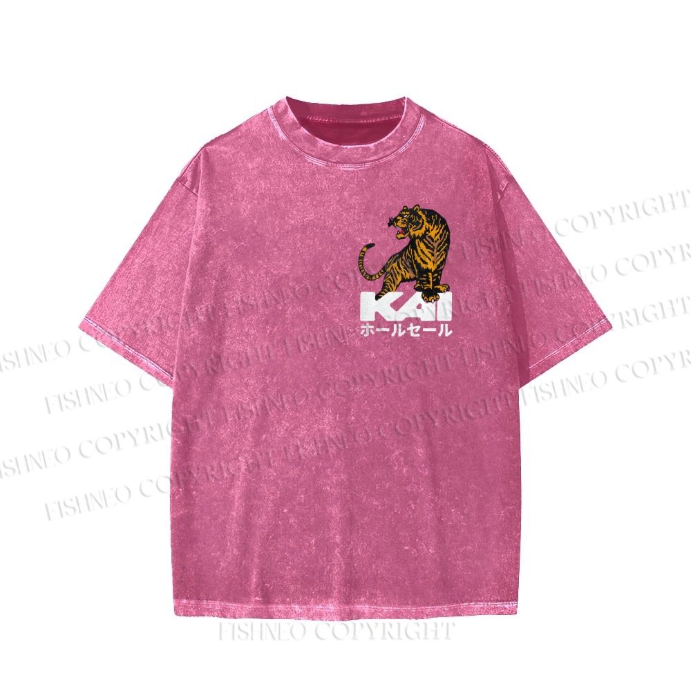 Unisex Japanese Tiger Printed Washed Tee