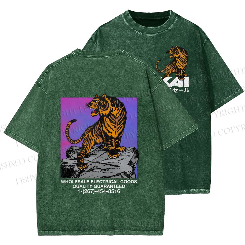 Unisex Japanese Tiger Printed Washed Tee