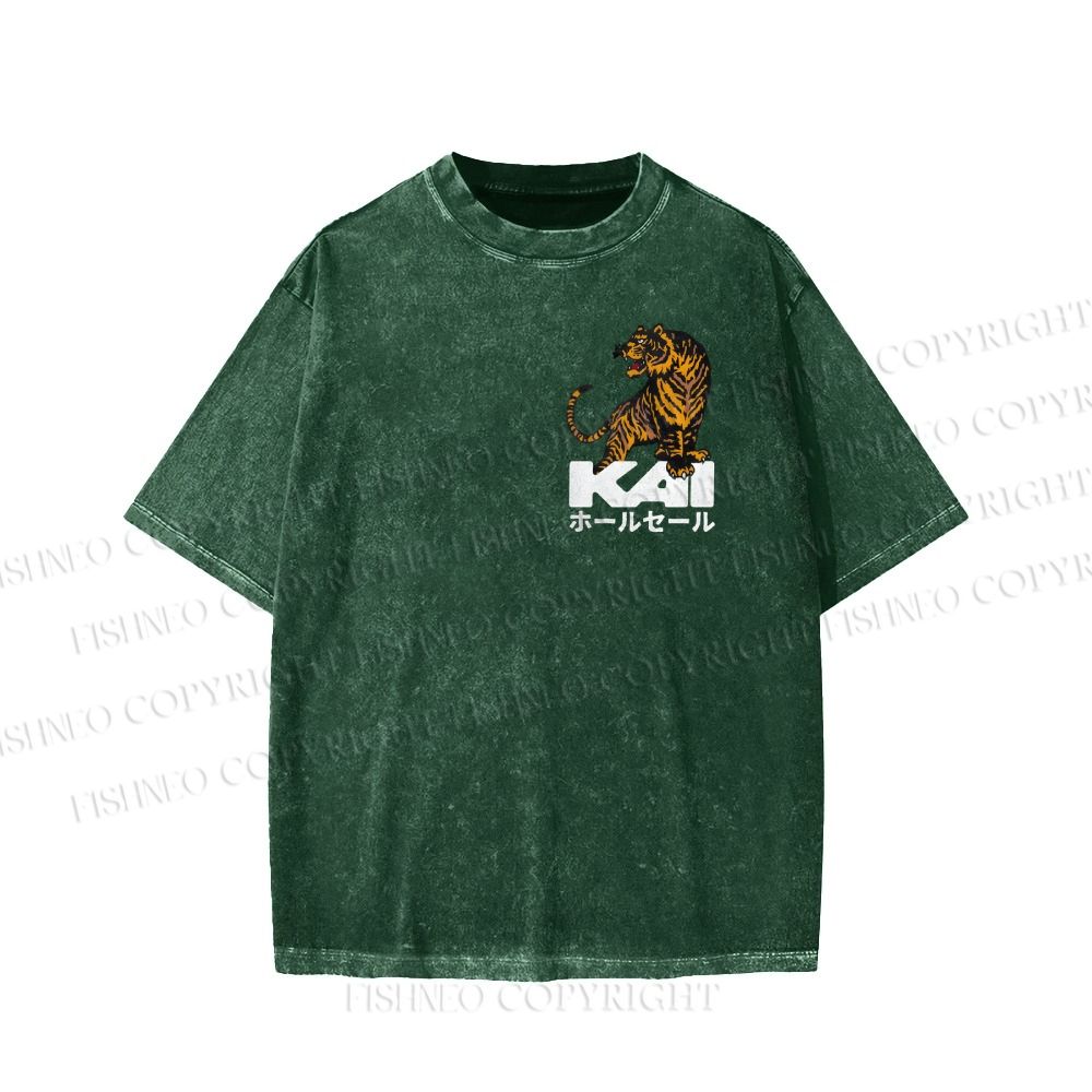 Unisex Japanese Tiger Printed Washed Tee