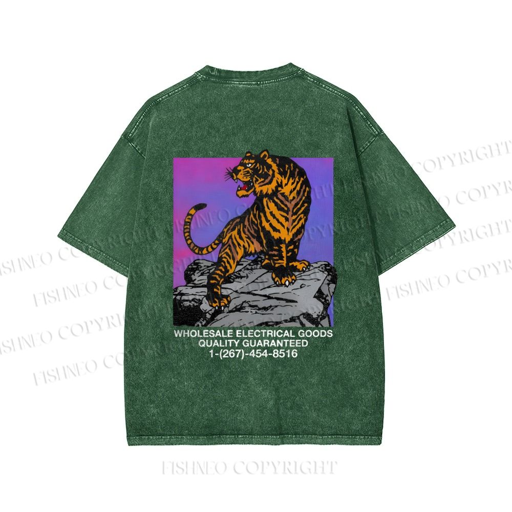 Unisex Japanese Tiger Printed Washed Tee