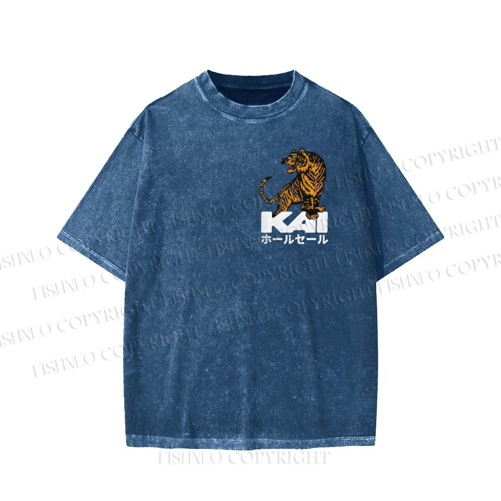 Unisex Japanese Tiger Printed Washed Tee