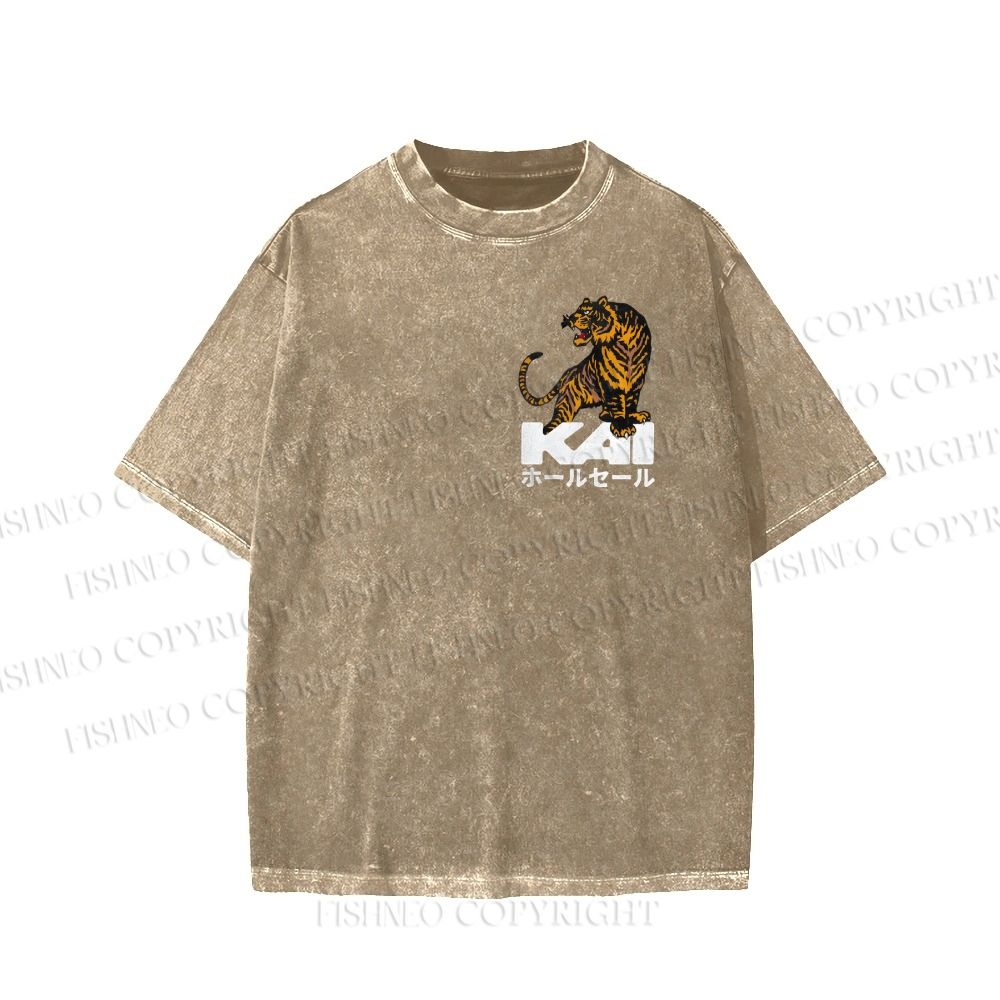 Unisex Japanese Tiger Printed Washed Tee