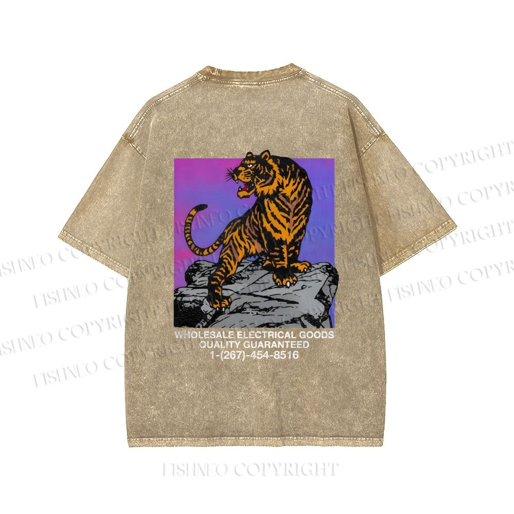 Unisex Japanese Tiger Printed Washed Tee