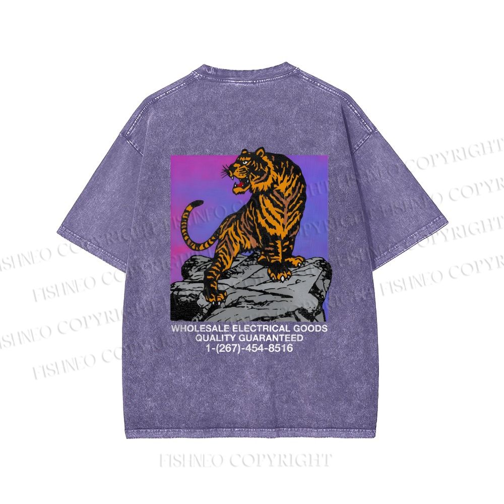 Unisex Japanese Tiger Printed Washed Tee